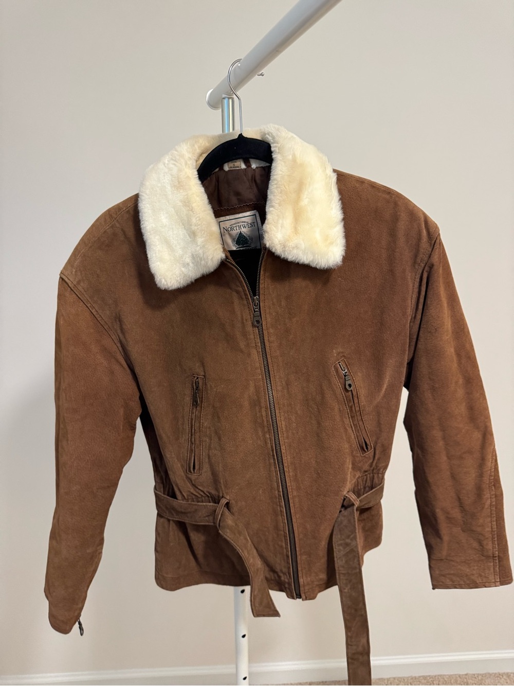 Northwest Territory Brown Suede Bomber Jacket with Cream Faux Fur Collar